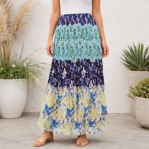 Novella Pleated A Line Maxi Skirt Size M Multicolor Abstract Print Boho NWOT